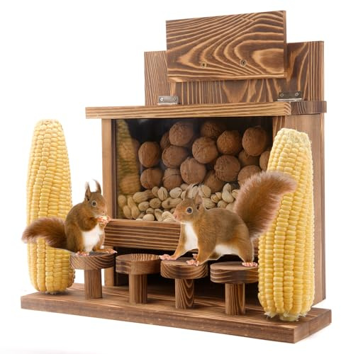 Outdoor Squirrel Feeder – Wooden Fixed Squirrel Feeder for Tree & Picnic Table, Durable Squirrel House & Feeder Box for Corn Cob, Peanuts, Nuts, Funny Chipmunk House with Nut Bar, Squirrel Supplies