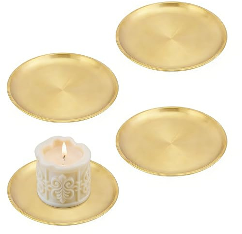4 portacandele dorati, 14 cm, in acciaio inossidabile, piatti piatti rotondi per candela, per candele a pilastro, candele per la casa e la decorazione di matrimoni