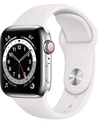 Apple Watch Series 6 (GPS + Cellular, 40mm) - Silver Stainless Steel Case with White Sport Band (Renewed)