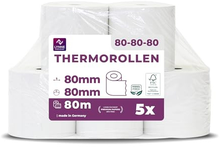Termollar, 80 mm x 80 m x 12 mm, kassarulor, kvittorullar för kassaskåp med bläckskrivare, termiskt papper, BPA-fri, stor 80 x 80 x 12–80 m (5 rullar