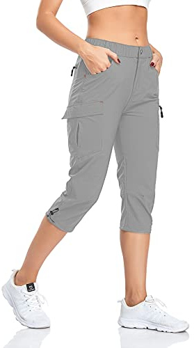 GymBrave Pantalon de Randonnée pour Femmes Léger Séchage Rapide Été Cargo Imperméable Montagne Pantalon Travail 3/4 Extensible avec Poche Zippée