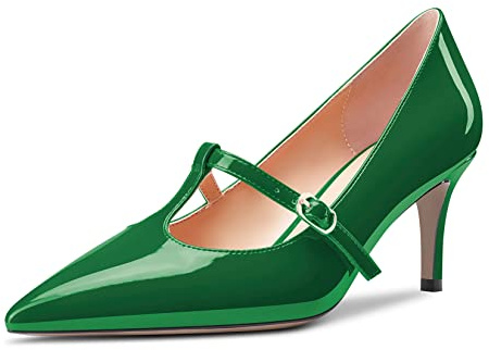 Castamere Donna Spillo Medio Gattini Tacco Heel Chiusa a Punta Slip-on T-Strap Pumps da Matrimonio Feste Dress Scarpe 6.5 CM Heels Verde Scuro 38 EU