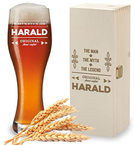 Bierglas + Holzkiste mit Wunschgravur - Motiv: The Man, The Myth, The Legend - personalisiert - 1x Holzbox - 1x Weizenbierglas 500 ml - Biertrinker - Geschenk - Geburtstag, Vatertag - Papa