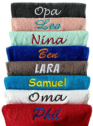 Schnoschi Handtuch mit Namen oder Wunschtext Bestickt, personalisiertes Duschtuch, individuelles Badetuch, Saunatuch oder Gästehandtuch mit Initialen, 100% Baumwolle, 100 x 180 cm rosa