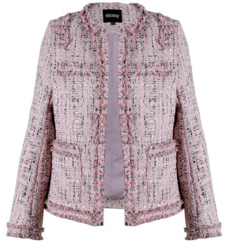 ebossy Stylish Women's Checked Tweed Blazer Jacket with Round Collar and Tassels, Pink, XL