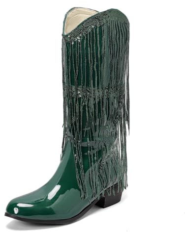 Femmes Frange Bottes de cow-boy Western Sparkly Patent Cuir Souple Métallique Bout Pointu Cowgirl Knee High Mode Fête Boot pour femme Filles Dames Vert Taille 38