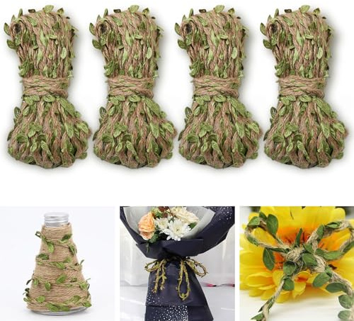Forreen 4 rouleaux/4 m corde de chanvre avec feuilles vertes ruban décoratif corde de chanvre feuille artificielle feuilles décoratives pour coiffe bricolage, sacs, guirlande, fête de mariage