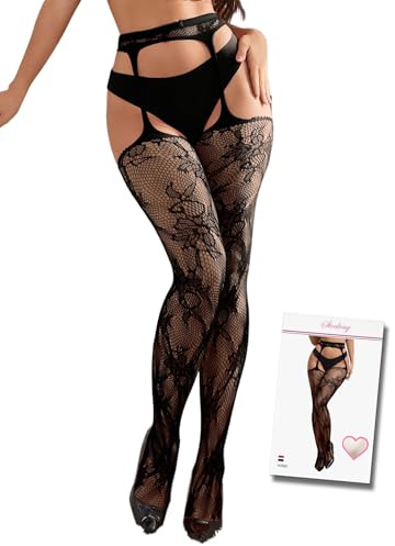 ohmydear Fishnet Suspender Tights for Women Plus Size High Waisted Garter Pantyhose Lace Patterned Thigh Highs Stretchy Sexy Stockings Black Fish Net Tight 3XL-5XL