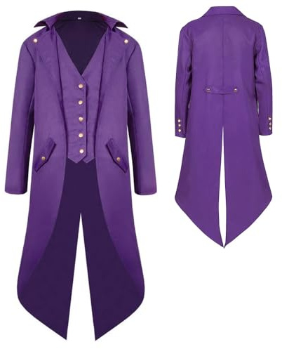 YQVGFBY Men's Gothic Steampunk Tailcoat Men,Medieval Victorian Vintage Jacket Uniform Long Tuxedo,Renaissance Pirate Vampire Party Cosplay Costumes for Adults Men (Purple, 3XL)