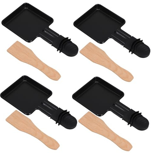 STOBAZA Mini Cheese Melting Pan and Square Raclette Grill Tray Set with Wooden Spatulas, Household Stone Barbecue Oven Accessory for Cheese and Small Grill, 4pcs Set