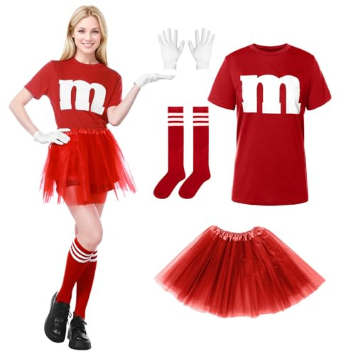 Alaiyaky Costume M et M pour femme, t-shirt imprimé M - Costume de groupe amusant - T-shirt avec tutu, gants à rayures, chaussettes à rayures, costume de carnaval pour femme, rouge, M