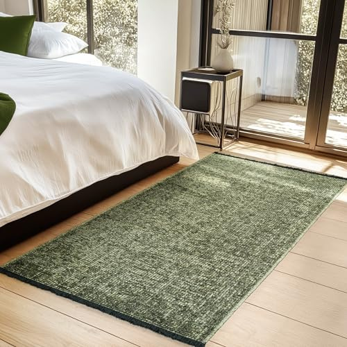 HomebyHome, Baumwolle Chenille Teppich Läufer Grün 80x150 cm Waschbar, Boho-Stil, Vintage Kelim, Kurzflor, rutschfest & Weich, Einfarbig Meliert, Für Küche, Schlafzimmer & Flur