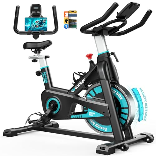 Wenoker motionscykel med app, ergometer motionscykel med magnetiskt motstånd, tyst hemtränare cykel med LCD-skärm, surfplattehållare, inomhus cykelcykel, gym, upp till 160 kg