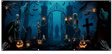 Copertura Banner per Porta Garage Halloween - Fondale Cancello Cimitero,Sfondo Murale 400x180 Cm Per Esterno Casa Decorazione Festività Parete Fotografia