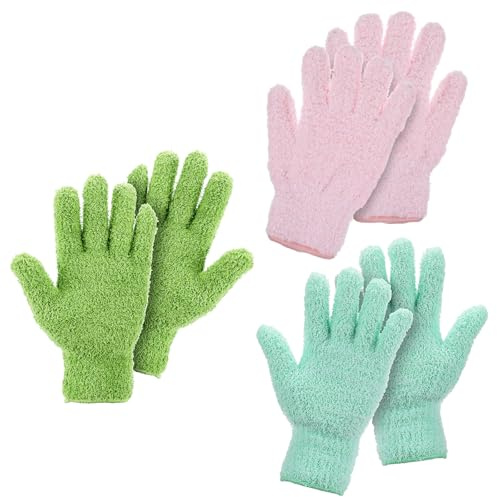 Grevosea 2 Pairs Microfiber Gloves Household Cleaning Gloves Plant Dusting Gloves Washable Reusable Mittens Gloves for Plants House Cars Blinds Dusting Furniture and Small Objects (3 Colors)