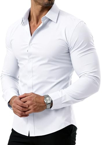 PLEPAN Men's White Long Sleeve Button Down Dress Shirt Slim Fit Stain Proof Wrinkle-Free Business Casual Stretch Shirt White M