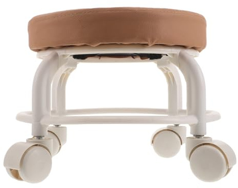 Angoily Tabouret à roulettes Bas en Similicuir Marron Siège Pivotant 360° Repose-Pieds Compact pour Salon de Beauté Spa Atelier ou Bureau à Domicile Tabouret Roulant Polyvalent et