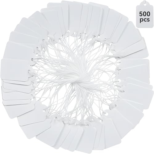 Brothersbox Price Tags with String Attached, 500pcs White Smooth Surface Marking Merchandise Strung Tag Writable Label Small Hang Tag for Pricing Gift Jewelry Clothing 1.375 x 0.875 inch