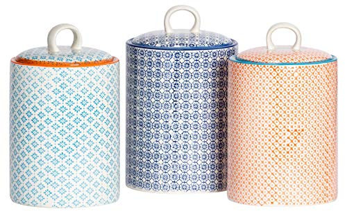 Nicola Spring Patterned Kitchen Canisters - 15.5cm - Pack of 3 - Multicolour Assorted Porcelain Hand Printed Kitchen Storage Jar Airtight Biscuit Barrel for Biscuits, Oats, Tea, Coffee