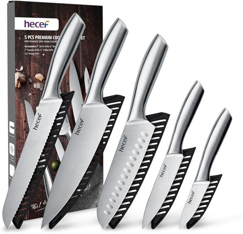 hecef 5 Piezas Cuchillos Cocina Profesional, Cuchillos y Mango de Acero Inoxidable, Juego de Cuchillos de Cocina con 5 Fundas de Cuchillo