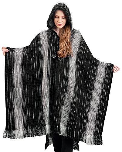 Alpaca Hooded Poncho for Women- Hippie Cloak Cape with Hood - WomensTraditional Serape Knitted with Alpaca Wool (US, Alpha, One Size, Regular, Regular, Black)
