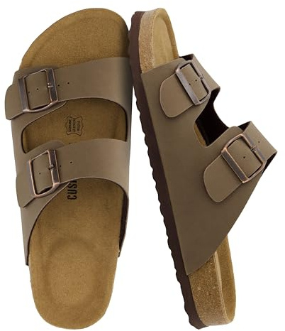 CUSHIONAIRE Lane Cork Footbed Mens Sandals, Adjustable Buckle Comfort Slides for Men, Genuine Leather Insole Summer Sandals Men Footwear, BROWN 13