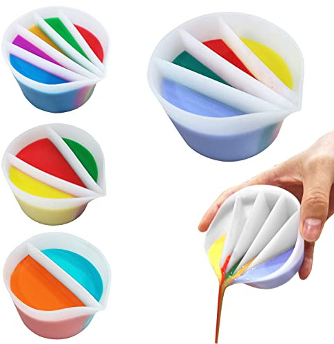 Split Cup for Paint Pouring, Fluid Art Split Cup Acrylic Paint Pour Split Cup Resin Pouring DIY Making Painting Tools Drawing Accessories Reusable Silicone Split Cup with Dividers (4 Chambers)