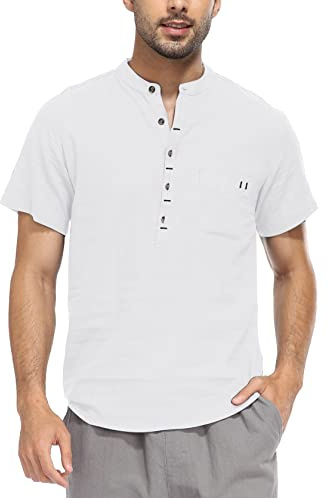 WAZZAP Camisas para Hombre Manga Corta de Algodón y Lino Verano Henley Camisas Casual Hippie Playa Camisa