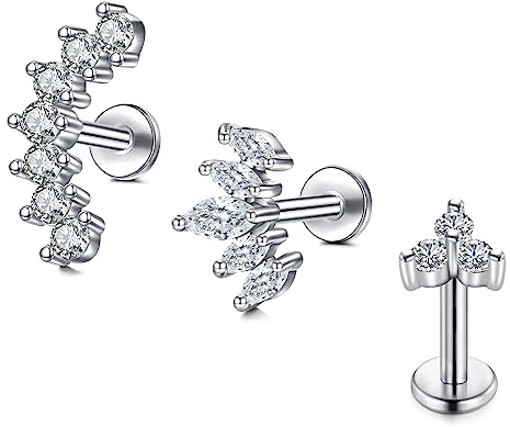 Briana Williams Tragus Earring Flat Back 16g Silver Diamond Lip Labret Bar 6mm Stud Helix Piercing Jewellery