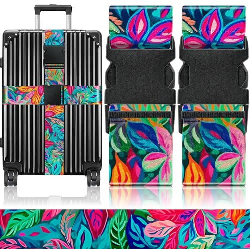 Slohif Luggage Straps for Suitcases Travel Belt Accessories Luggage Connector Identifiers Over Handle with Buckle Unique Nylon Adjustable Strap for Sleeping Bag Car Seat Colorful Leaf (2 Pack)