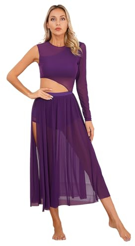 ranrann Femme Robe Danse Classique Manches Asymétrique Robe Danse Latine Salsa Salon Rumba Justaucorps Ballet Tenue Danse Contemporaine Dancewear S-XXL A Violet S