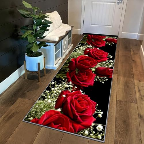 Siunwdiy 3D Teppich läufer Flur küche rutschfest Waschbar Mit Blumenmuster 70x600cm Rote Rose Schwarz Flurteppich küchenläufer lang Korridor -Teppichläufer Küchenteppich Meterware Anpassbar