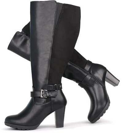 Chicblooms Stivali da donna in taglia grande, stelo extra largo, tacco alto, con fibbia alla caviglia, camoscio nero, EU 36