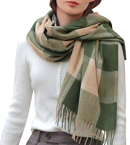 Damen-Schal, kariert, für Herbst und Winter, bunt, kariert, dick, warm, Fransenschal, Schal, der die Brieftasche versteckt, grün, A