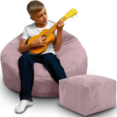 DreamRoots Sitzsack Erwachsene Cord oder Kinder - Bean Bag Sofa - Sitzsack Cord mit Hocker und Bezug - Sitzsäcke mit Füllung 70x70x70 cm Silver Pink