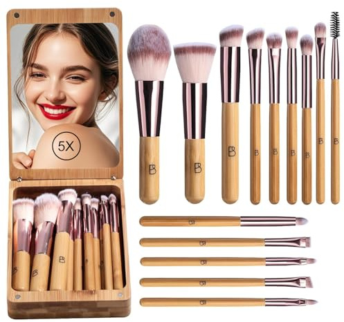 BS-MALL Travel Makeup Brush Set Kabuki Brushes Bamboo- Includes Eyeshadow Blush Brush & Foundation Brush For Liquid Makeup - 5X Magnifier Bamboo Mirror Case For Travel or On the Car Daily Use