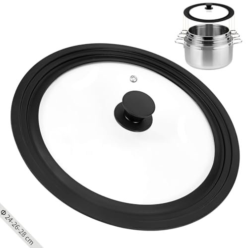 Zocipro Pfannendeckel Universal, Universaldeckel Ø 24-26-28 cm für Pfannen und Töpfe, Pfanne Deckel mit Silikonrand, Universal Glasdeckel, Silikon Topfdeckel 24-28cm für Vielseitiges Kochen