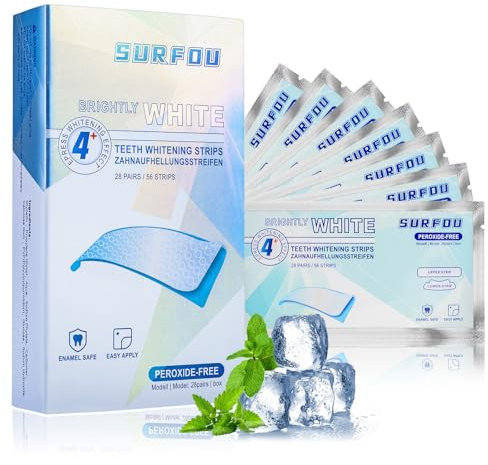 SURFOU Sbiancante Denti 56 Pezzi - Kit Strisce Sbiancanti Denti Professionale,Teeth Whitening Strips,Sbiancamento Rapido e Delicato – Senza Perossido,per Denti Sensibili, al Gusto Menta