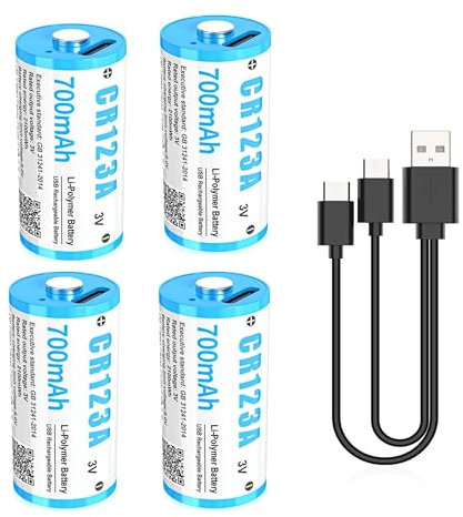 CR123A 3V Lithium Batterie, 4 Stück 3V Wiederaufladbare USB Lithium Akku, bis zu 3000 Zyklen mit USB-C-Ladeanschluss, Schnellladung in 2 Stunden, 123A Batterie 700mAh für Türschloss Fingerabdruck etc.