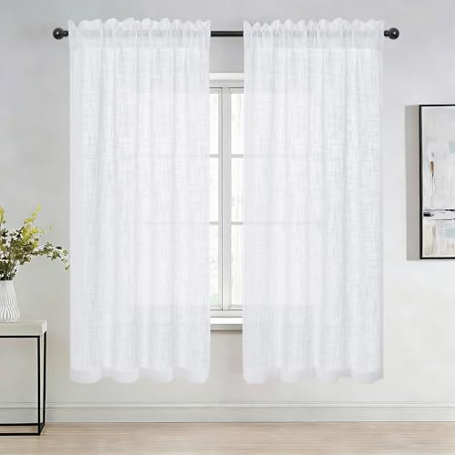 DWCN Vita fönstergardiner linneutseende gardiner halvtransparenta gardiner korta 2 stycken H 175 x 140 cm, moderna fönstergardiner för köksgardiner, husvagn, skåpgardin vardagsrum bistrogardin
