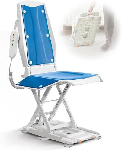VOCIC AX10 Bath Lift, Electric Bath Lift, Bath Seat with Waterproof Motor, Remote Control Floor Bath Chair for Seniors, Fall Assist Devices, No Assembly, Includes 2 Types Suction Cups,UK Plug(Blue)