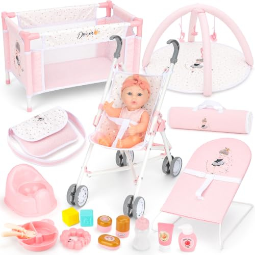 deAO set med 20 st babydockor, dockvagn, gåva för flickor från 3 år | Dockvagn, säng, lekbåge, babygunga, väska, 30 cm docka och tillbehör, babydockor lekset för realistiskt rollspel