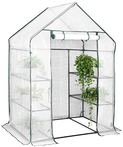 WOLTU Foliengewächshaus, Tomatengewächshaus für Garten Balkon, Indoor & Outdoor, Metallgestell, Gewächshaus mit 3 Ablagen, für Frühbeet Gemüse Blumen, 143 x 195 x 73 cm, Weiß
