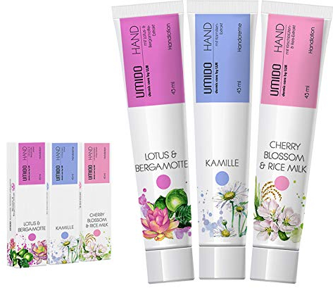 UMIDO 3 Stück Set Hand-Lotion Set 45 ml | 1x Lotus & Bergamotte | 1x Kamille | 1x Cherry Blossom & Rice Milk | Handcreme | Pflegecreme | Hand-Pflege | Handcreme Set