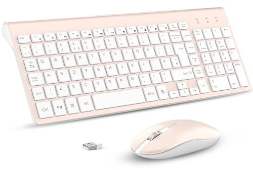 Wireless Keyboard Mouse Combo, cimetech Compact Full Size Wireless Keyboard and Mouse Set 2.4G Ultra-Thin Sleek Design for Windows, Computer, Desktop, PC, Notebook, Laptop（QWERTY UK Layout）PINK