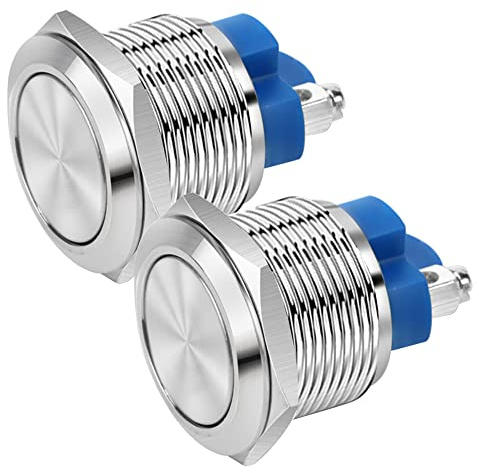 Gebildet 2 st 22 mm 12V/24V/125V/250V 2 A Momentär Tryckknapp Skruvtyp Terminaler Rostfritt Stål Metall Vattentät Knapp med 2 Skruvterminaler Rostfritt Stål (Platt Huvud)