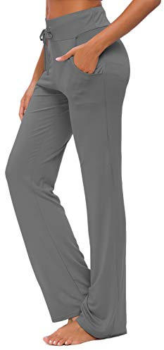 OURCAN Damen Yoga Hose Mit Taschen Breites Bein Kordelzug Lose Gerade Lounge Laufen Workout Modale Hose Aktive Freizeit Jogginghose (Dunkelgrau, L)