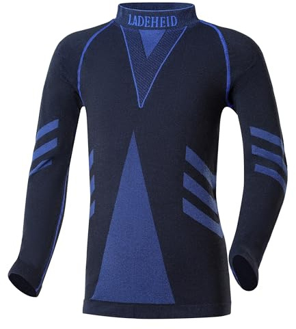 Ladeheid Camiseta Térmica Niño Manga Larga – Camiseta Deportiva de Compresión, Ropa Interior Funcional Niños, Transpirable y Cálida para Invierno y Deportes LAGI007 (Negro/Azul Marino, 158-164)