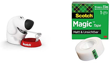 Scotch Tischabroller inkl. 1 Rolle Klebeband - Hunde Klebeband Abroller, auch für Kinder, weiß & Magic Klebeband – 1 Roll 19mm x 33m - Transparenter & matter Klebefilm für den alltäglichen Gebrauch