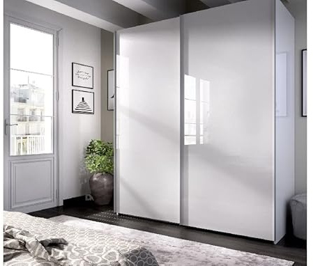 CAESAROO Armoire 150 x 204H cm Noah blanc brillant avec deux portes coulissantes - blanc